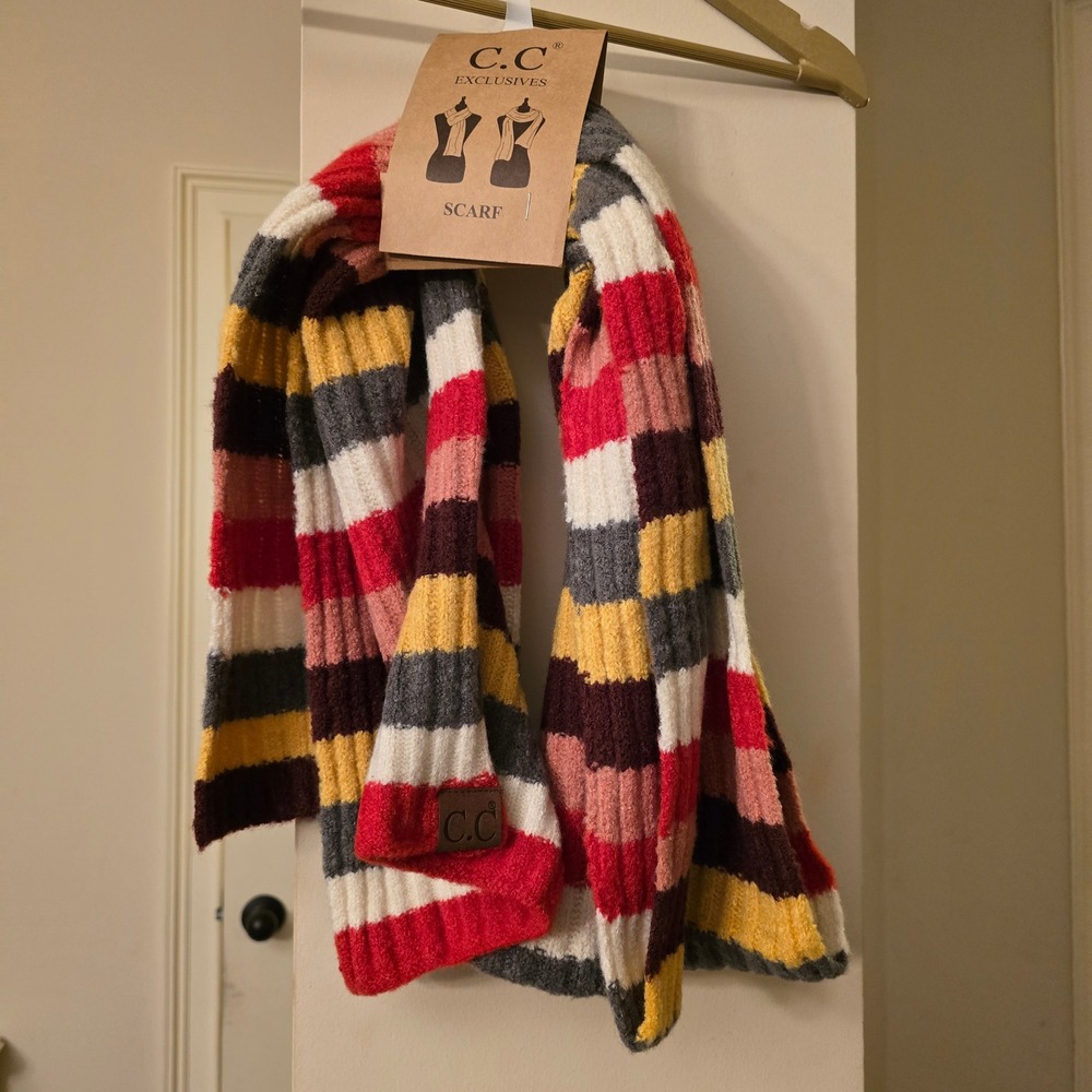 C.C Exclusives Women Multi Color Striped Ribbed Knit Winter Scarf Red Yellow NWT